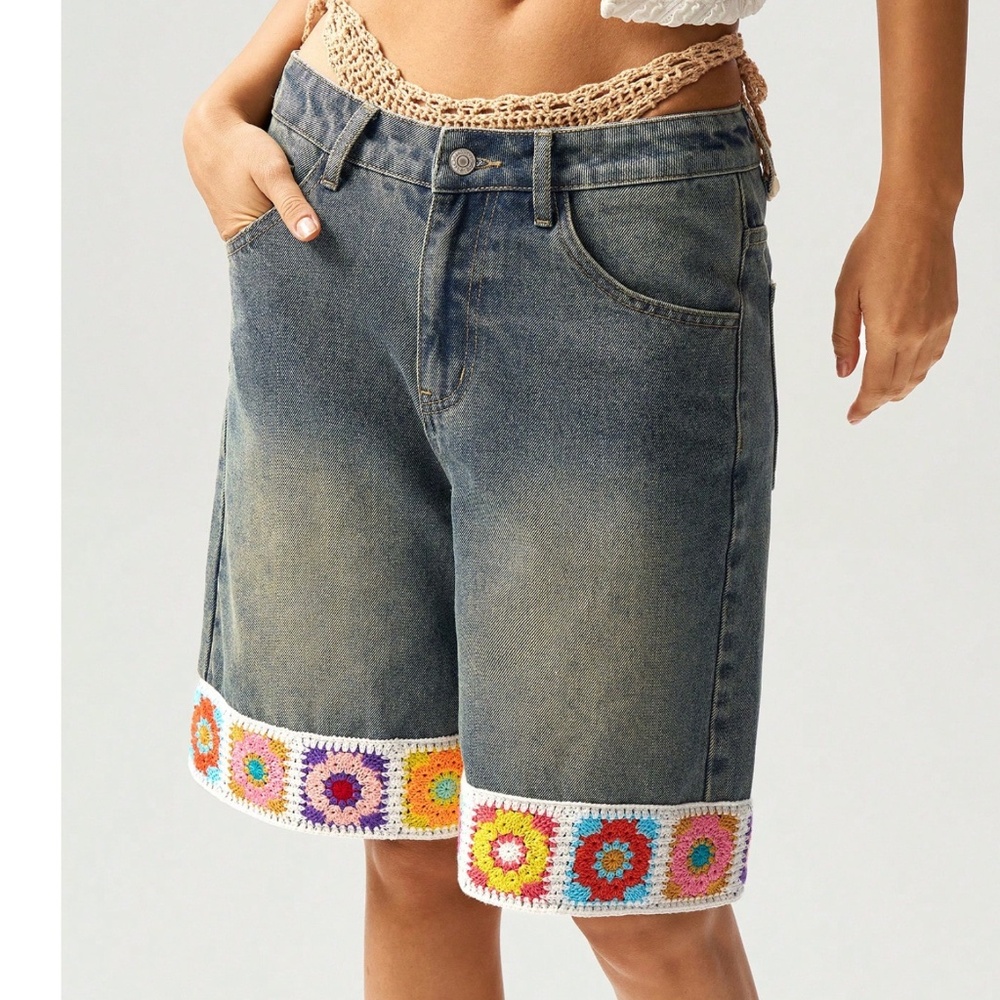 Dark Wash Crochet Colorful Bermuda Mom Denim Jean Shorts - Picture 2 of 7